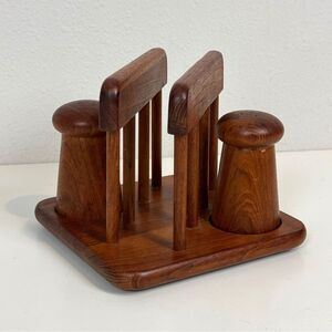 Vintage Teak Napkin Holder with Salt Shaker & Pepper Mill